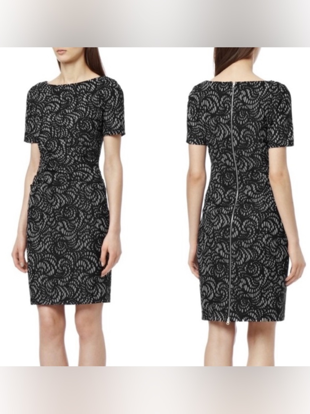 REISS Janella Bodycon Knee Length Dress Black Lace Print Size 6